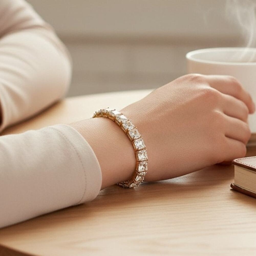Vintage Roman Signed CZ Tennis Bracelet – Silver Tone, Square Cut CZ Stones